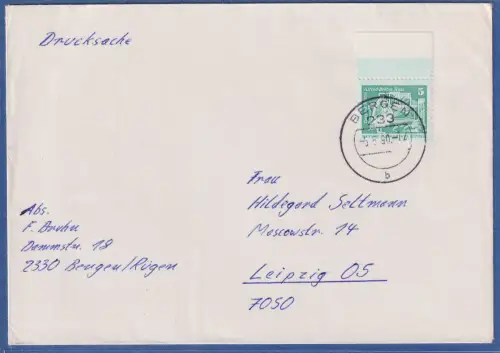 DDR Bauwerke klein 5Pfg Mi.-Nr. 2483 mit OR als EF auf Drucksache, O BERGEN