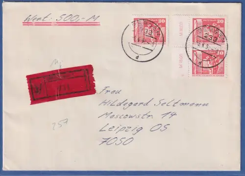 DDR Bauwerke klein 30Pfg Mi-Nr. 2588 3-fach auf Wertbrief v. BERGEN nach Leipzig