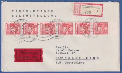 DDR Bauwerke klein 30Pfg Mi-Nr. 2588 6-fach auf R-Eilbrief v. LEIPZIG in die BRD