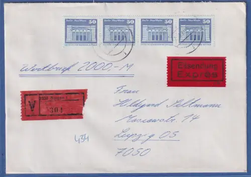 DDR Bauwerke klein 50Pfg Mi-Nr. 2549 4x als MEF auf Wertbrief ab BERGEN (Rügen)
