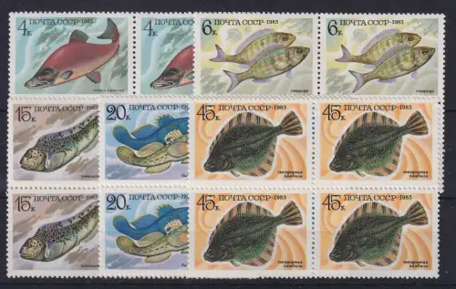 Sowjetunion 1983 Fische Mi.-Nr. 5294-5298 je Viererblock postfrisch **