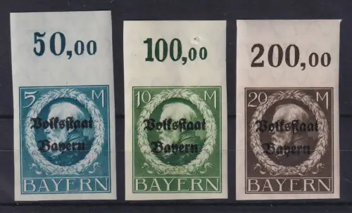 Bayern 1920 Volksstaat Mi.-Nr. 131-133 II B Oberrandstücke postfrisch **