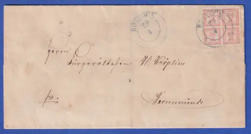 Mecklenburg-Schwerin Wappen 4/4 Schillinge Mi.-Nr. 5a auf Brief O ROSTOCK 1865