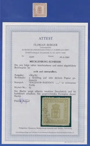Mecklenburg-Schwerin Wappen 5 Schillinge Mi.-Nr. 8y Bahnpost-O Attest BERGER BPP