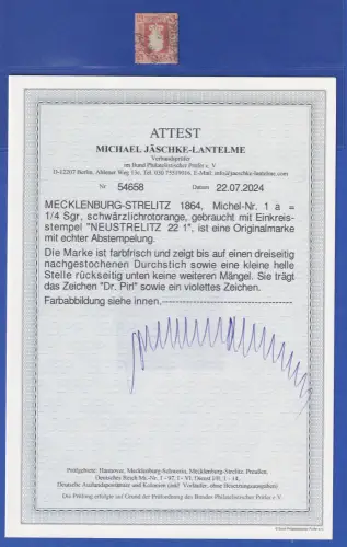 Mecklenb.-Strelitz Wappen 1/4 Sgr Mi.-Nr. 1a O NEUSTRELITZ Attest JÄSCHKE-L. BPP