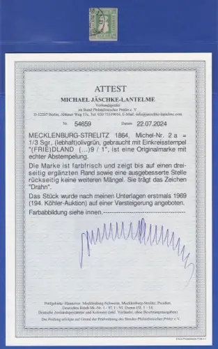 Mecklenburg-Strelitz Wappen 1/3 Sgr Mi.-Nr. 2a O FRIEDLAND Attest JÄSCHKE-L. BPP
