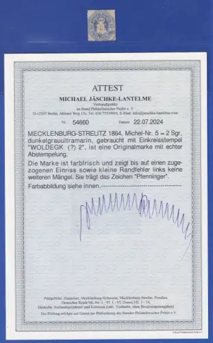 Mecklenburg-Strelitz Wappen 2 Sgr. Mi.-Nr. 5 O WOLDEGK Attest JÄSCHKE-L. BPP