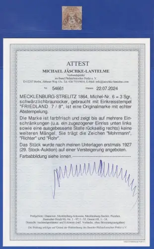Mecklenburg-Strelitz Wappen 3 Sgr. Mi.-Nr. 6 O FRIEDLAND Attest JÄSCHKE-L. BPP