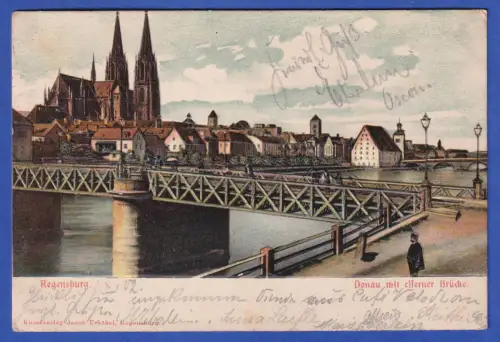 Alte AK Regensburg Stadtansicht und Eiserne Brücke, gelaufen 1902