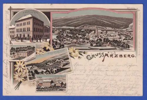 Alte AK Arzberg (Oberfranken) Ortsansichten und Eisenbahnbrücke, gelaufen 1897