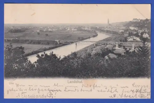Alte AK Landshut Stadtansicht mit Isar-Brücke, gelaufen um 1900