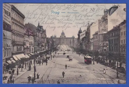 Alte AK Prag Wenzelsplatz mit elektrischer Straßenbahn, gelaufen 1903