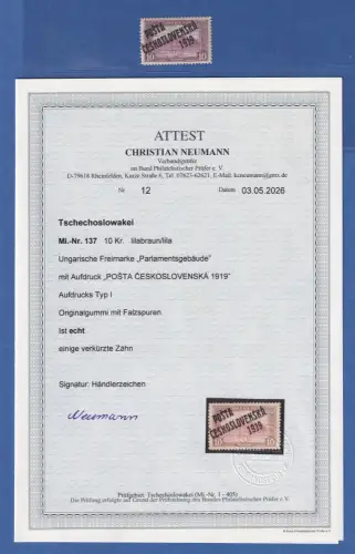 Tschechoslowakei 1919 ungar. Freimarke mit Aufdruck Mi.-Nr. 137 ungebr. * FA BPP