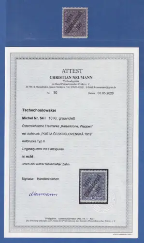 Tschechoslowakei 1919 öst. Freimarke mit Aufdruck Mi.-Nr. 54 I ungebr. * FA BPP