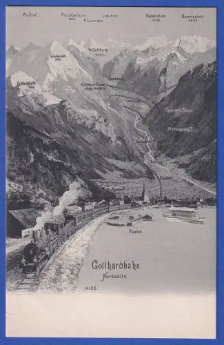 Alte AK Gotthard-Bahn Nordseite mit Altdorf und Flüelen