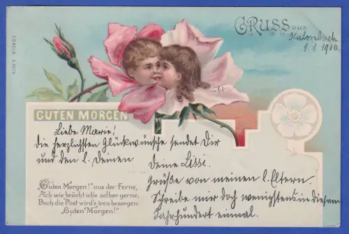 Alte Bildpostkarte Rosenblüten mit Kindergesichtern O KULMBACH 1900