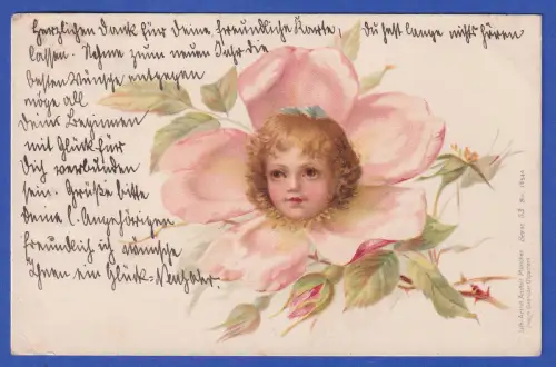 Alte Bildpostkarte Rosenblüte mit Kindergesicht O KULMBACH 1900