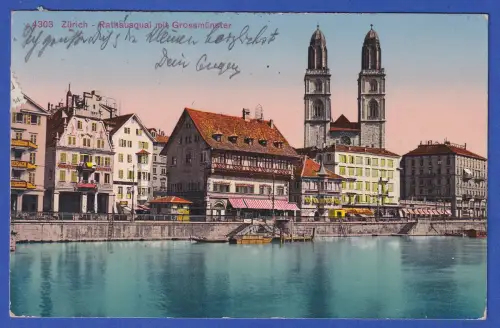 Alte AK Zürich Rathaus-Kai mit Großmünster 1914