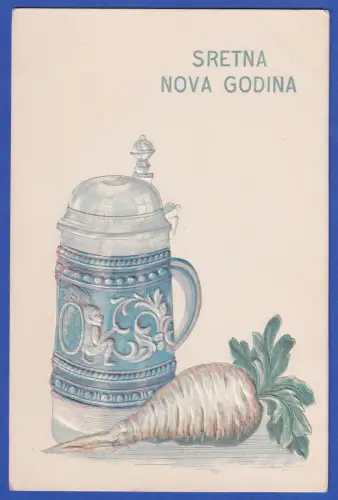 Alte Neujahrsgrußkarte Kroatien Sretna Nova Godina mit Bierkrug