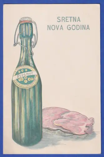 Alte Neujahrsgrußkarte Kroatien Sretna Nova Godina mit Bierflasche