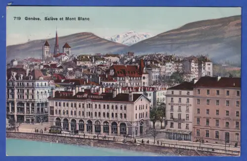 Alte AK Genf Stadtansicht mit Salève und Blick zum Mont Blanc Bahnpost-O 1914