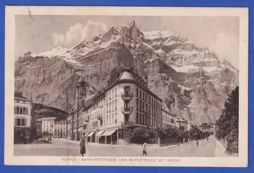 Alte AK Glarus Bahnhofstraße und Burgstraße mit Bergpanorama Wiggis 1914