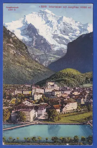 Alte AK Interlaken Ortsansicht mit Bergpanorama Jungfrau Bahnpost-O 1914