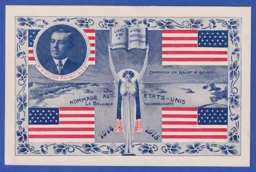 Propaganda-Bildpostkarte Dank an die USA wegen Unterstützung Belgiens 1914/15