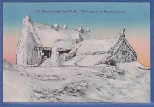 Alte AK Riesengebirge Schneekoppe mit vereister Baude ungelaufen, datiert 1924