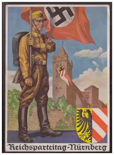 [Propagandapostkarte] Propagandakarte Reichsparteitag Nürnberg, gelaufen mit Orginal Unterschrift Josef Manger Weltmeister und Olympiasieger im Gewichtheben (Schwergewicht) vom Reichsparteitag Nürnberg am 12.9.1936. 
