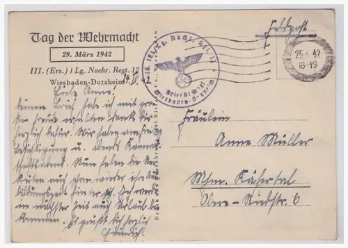 [Propagandapostkarte] Propagandakarte,Tag der Wehrmacht 1942, 29.3.1942, III (Ers) ILg.Nachr.Regt.12, Wiesbaden- Dotzheim, gelaufen am 25.6.1942. 