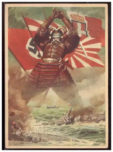 [Propagandapostkarte] Italienische Propagandakarte, Samurai, Italienisch- Deutsche- Japanische Karte, gelaufen 30.9.1942. 