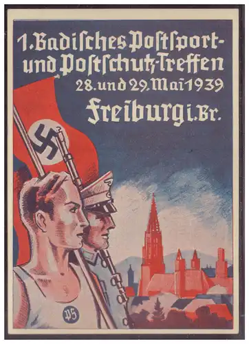 [Propagandapostkarte] Propagandakarte farbig, 1.Badisches Postsport u Postschutz-Treffen Freiburg 1939, blanco gestempelt mit SST vom 28.5.1939. 