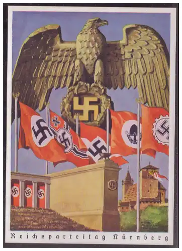[Propagandapostkarte] Propagandakarte farbig, Reichsparteitag Nürnberg Hoffmannkarte 38/2, Adler auf Sockel, ungebraucht. 