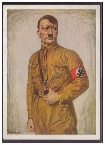 [Propagandapostkarte] Propagandakarte farbig, Adolf Hitler, Küstlerkarte, gelaufen mit Tagesstempal Berlin am 9.3.1936. 