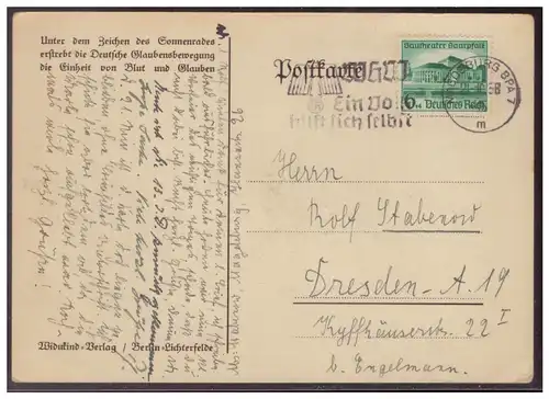 [Propagandapostkarte] Propagandakarte, Sachsen- Mal auf dem Blutacker bei Verden/ Aller, gelaufen Magdeburg am 21.10.1938. 