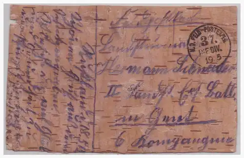 [Materialkarte] Dt.-Reich (000069) Birkenrinde Feldpost Postkarte "zu Pfingsten" gelaufen von der 37. Inv. Div. am 18.5.1915