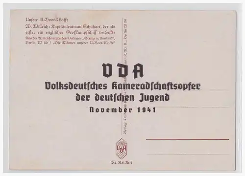 [Propagandapostkarte] Propagandakarte VDA Kapitänleutnant Schuhard, der als erster ein englisches Großkampfschiff versenkte, ungebraucht. 