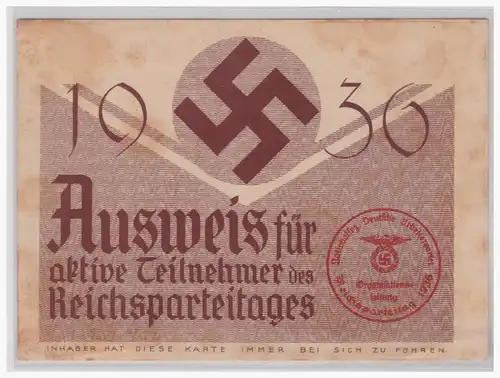 [Propagandapostkarte] Propaganda 1936 Ausweis für die aktive Teilnehmer des Reichsparteitages in Nürnberg!!. 