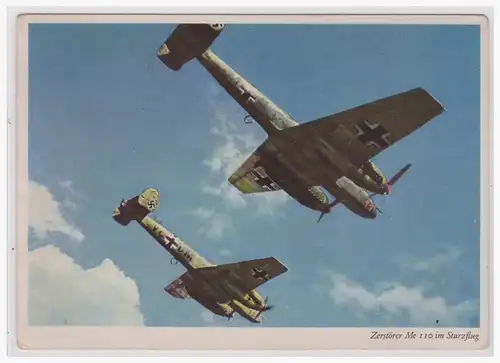 [Propagandapostkarte] Propagandakarte farbig!! Zerstörer Me 110 im Sturzflug, ungebraucht. 