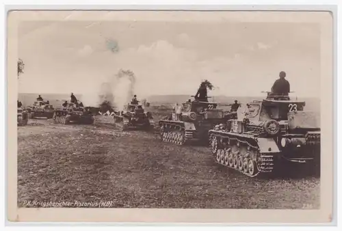 [Propagandapostkarte] P.K. Kriegsberichter Pistorius, Panzervorstoß auf eine Ortschaft. 