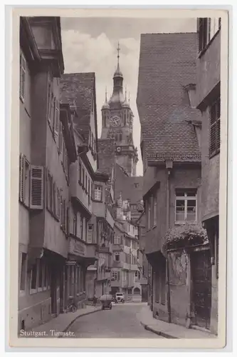 [Echtfotokarte schwarz/weiß] Stuttgart Turmstrasse. 