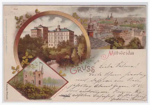 [Lithographie] Mittweida, Litho- Postkarte Gruß aus Mittweida. 