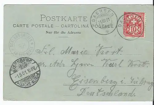 [Echtfotokarte schwarz/weiß] Schweiz AK (001296) Gruss vom Rheinfall, gelaufen Dachsen am 31.8.1901. 