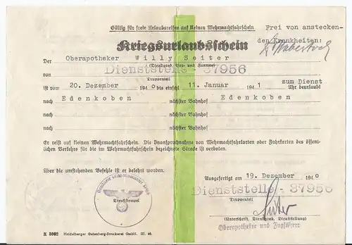 Dt- Reich (001299) Propaganda Kriegsurlaubschein vom Dezember 1940