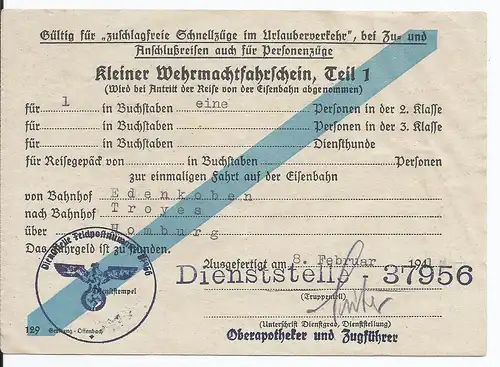 Dt- Reich (001305) Propaganda Kleiner Wehrmachtsfahrschein Teil 1 und Teil 2 vom 8.2.1641