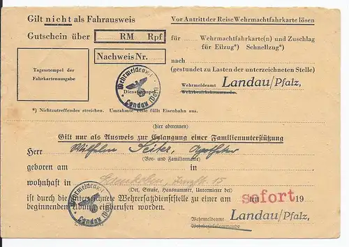 DT- Reich (001308) Gutschein zur Erlangung einer Wehrmachtsfahrkarte zur Einberufung zur einer Übung