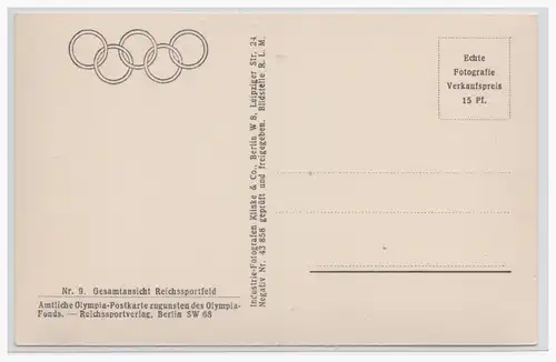 [Werbepostkarte] Dt.- Reich (001391) Propagandakarte Olympiade 1936 Berlin, Gesammtansicht Reichssportfeld, Karte NR. 9, ungebraucht. 