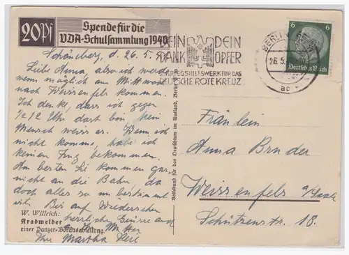 [Propagandapostkarte] Dt.- Reich (001406) Propagandakarte Kradmelder einer Panzerdivision Willrichkarte, gelaufen Berlin 26.5.1941. 