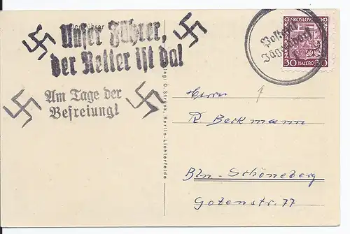 WK II Sudetenland (001435) Propagandakarte Adolf Hitler mit Befeiungsstempel Jägersdorf